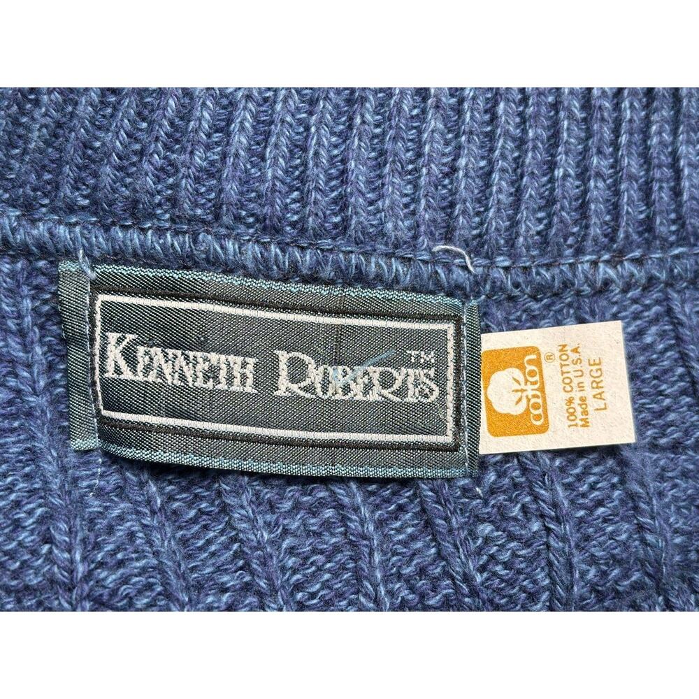 Kenneth Roberts Sweater Mens Large Blue 100% Cotton Made USA Textured Knit Crew - Picture 3 of 6